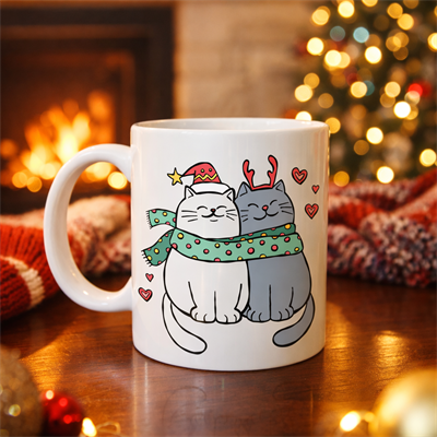 Sevimli Kedi Figürlü Yılbaşı Temalı Porselen Kupa MODEL 75 – Aşık Kediler Desenli, Sıcacık Tasarım, Kahve & Çay Kupası