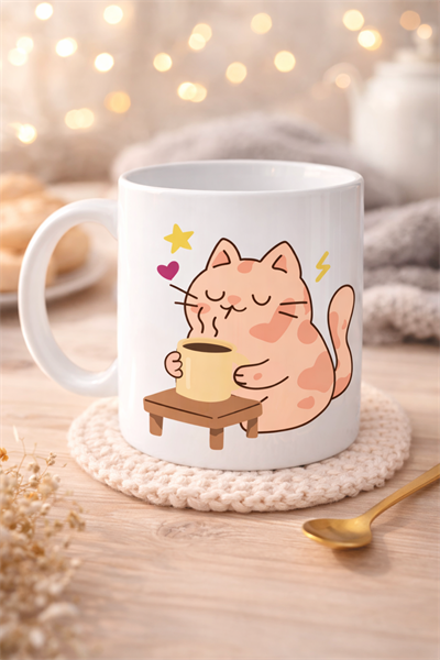 Sevimli Kedi Tasarımlı Porselen Kupa MODEL 196 – Kahve İçen Kedi Baskılı Porselen Kahve Kupası – Kedi Severlere Hediyelik Porselen Kupa Bardak 330 ml