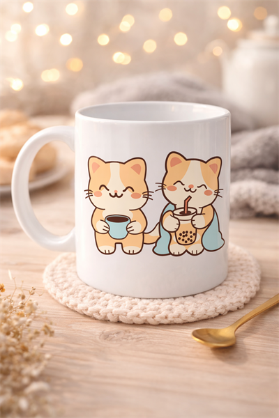 Sevimli Kedi Tasarımlı Porselen Kupa MODEL 194 – İkili Cute Cat Baskılı Kahve Kupası – Kedi Severlere Hediyelik Porselen Kupa Bardak 330 ml