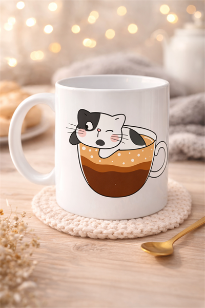 Sevimli Kedi Tasarımlı Porselen Kupa MODEL 195 – Kahve İçinde Kedi Baskılı Porselen Kahve Kupası – Kedi Severler İçin Hediyelik Porselen Kupa Bardak 330 ml