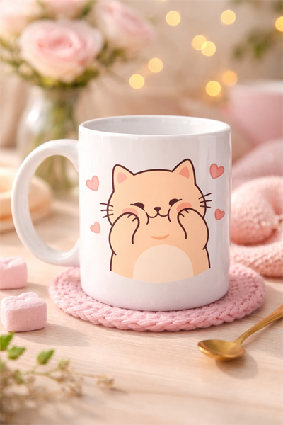 Sevimli Kedi Tasarımlı Porselen Kupa MODEL 193 – Kalpli Cute Cat Baskılı Kahve Kupası – Sevgiliye Hediye Sevimli Kupa