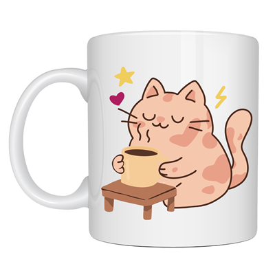 Sevimli Kedi Tasarımlı Porselen Kupa MODEL 196 – Kahve İçen Kedi Baskılı Porselen Kahve Kupası – Kedi Severlere Hediyelik Porselen Kupa Bardak 330 ml