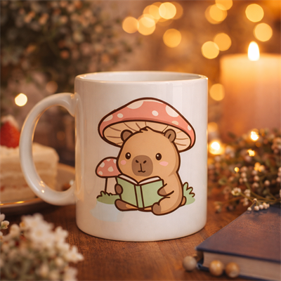 Sevimli Kitap Okuyan Kapibara Desenli Porselen Kupa MODEL 97 – Sıcacık Tasarım, Kahve & Çay Kupası, Hediye Fikri