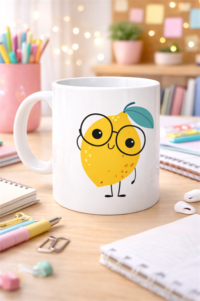 Sevimli Limon Tasarımlı Porselen Kupa MODEL 121 – Gözlüklü Tatlı Limon Figürlü Kahve & Çay Kupası