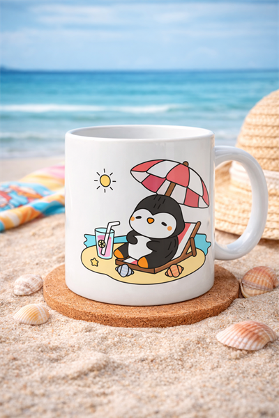 Sevimli Penguen Yaz Tatili Tasarımlı Porselen Kupa MODEL 200 – Penguen Baskılı Kahve Kupası – Yaz Temalı Eğlenceli Hediye Kupa