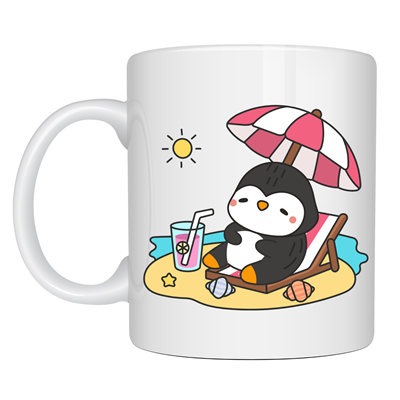 Sevimli Penguen Yaz Tatili Tasarımlı Porselen Kupa MODEL 200 – Penguen Baskılı Kahve Kupası – Yaz Temalı Eğlenceli Hediye Kupa
