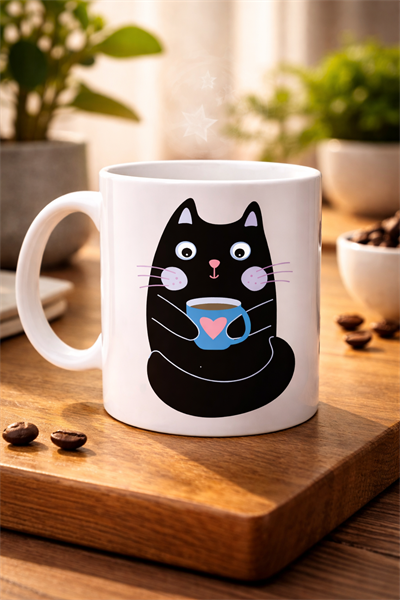 Sevimli Siyah Kedi Baskılı Porselen Kupa MODEL 198 – Kahve İçen Kedi Tasarımlı Kupa Bardak – Kahve Severlere Eğlenceli Hediye Kupa