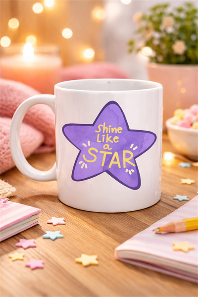 Shine Like a Star – Motivasyon Mesajlı Mor Yıldız Tasarımlı Porselen Kupa MODEL 122 , Günlük Kullanım & Hediye Kupası