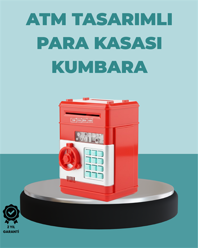 Şifreli Kırmızı ATM Tasarımlı Çelik Kasa Görünümlü Kumbara