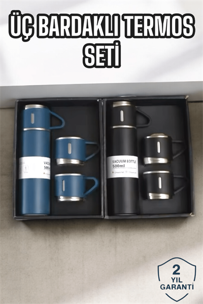 Şık ve Dayanıklı 3 Bardaklı Termos Seti Uzun Süre Isı Koruma Özellikli