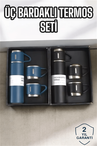Şık ve Dayanıklı 3 Bardaklı Termos Seti Uzun Süre Isı Koruma Özellikli