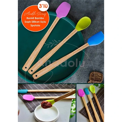 Silikon Uçlu Isıya Dayanıklı Bambu Spatula 3lü Set