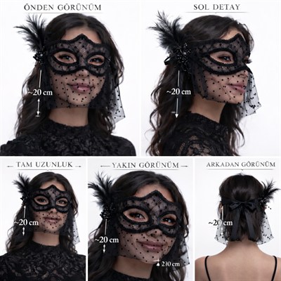 Siyah Dantel Tüllü Peçeli Parti Maskesi - Tüylü İnci Detaylı