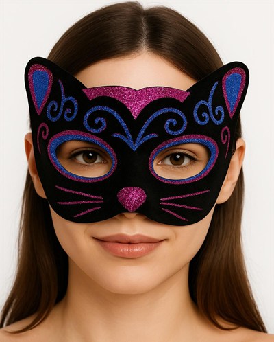 Siyah Kadife Kaplama Üzeri Pembe Mavi Sim İşlemeli Kedi Maskesi 20x13 cm