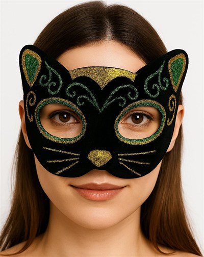 Siyah Kadife Kaplama Üzeri Sarı Yeşil Sim İşlemeli Kedi Maskesi 20x13 cm