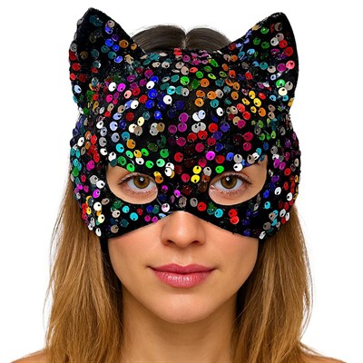 Siyah Kadife Kumaş Üzerine Rengarenk Payetli Pullu Parti Maskesi 16x14 cm