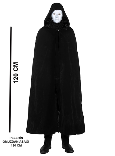Siyah Kapüşonlu 120 cm Pelerin ve Beyaz Boyanabilir Tam Yüz Maske
