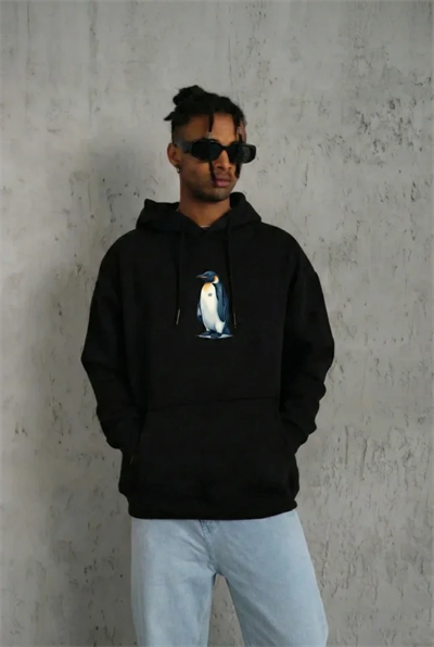 Siyah Oversize Hoodie - Sırt Baskılı Survivor Penguin Temalı, Felsefi Yazılı Kapüşonlu Sweatshirt - Siyah