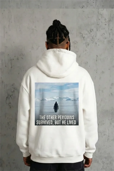 Siyah Oversize Hoodie - Sırt Baskılı Survivor Penguin Temalı, Felsefi Yazılı Kapüşonlu Sweatshirt - Beyaz
