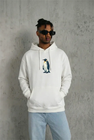 Siyah Oversize Hoodie - Sırt Baskılı Survivor Penguin Temalı, Felsefi Yazılı Kapüşonlu Sweatshirt - Beyaz