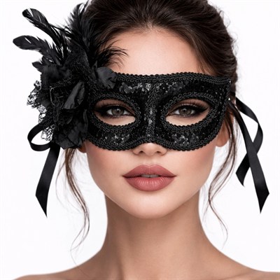 Siyah Venedik Parti Maskesi – Çiçekli Tüylü Payetli