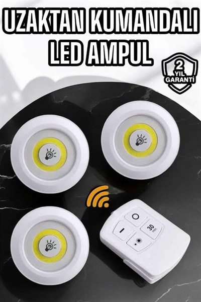 Spot Lamba Led Işık 3lü Uzaktan Kumandalı Pilli Yapışkanlı Kablosuz