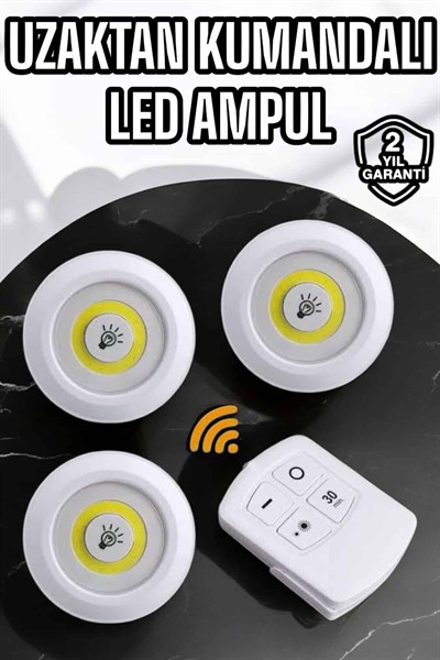 Spot Lamba Led Işık 3lü Uzaktan Kumandalı Pilli Yapışkanlı Kablosuz