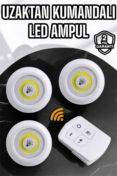 Spot Lamba Led Işık 3lü Uzaktan Kumandalı Pilli Yapışkanlı Kablosuz