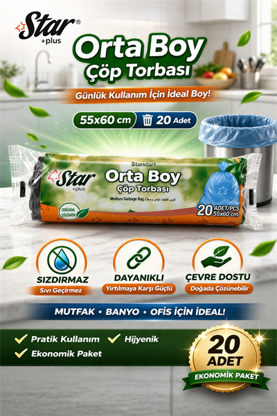 Star Plus Orta Boy Çöp Torbası 20li 1 Paket 55x60 cm Dayanıklı Sızdırmaz Orta Boy Çöp Poşeti