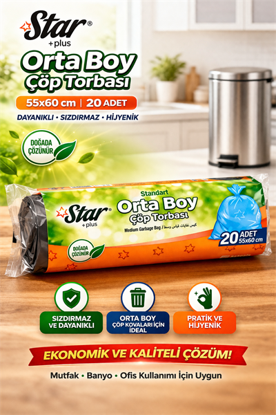 Star Plus Orta Boy Çöp Torbası 20li 1 Paket 55x60 cm Dayanıklı Sızdırmaz Orta Boy Çöp Poşeti