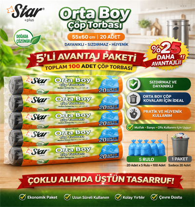 Star Plus Orta Boy Çöp Torbası 20li 5 Paket 55x60 cm Dayanıklı Sızdırmaz Orta Boy Çöp Poşeti