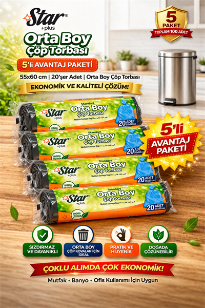Star Plus Orta Boy Çöp Torbası 20li 5 Paket 55x60 cm Dayanıklı Sızdırmaz Orta Boy Çöp Poşeti