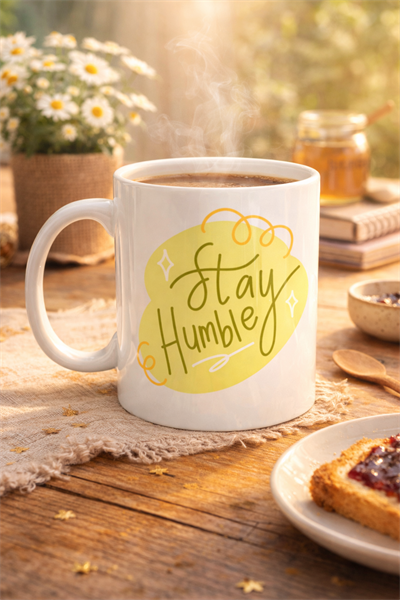 Stay Humble Porselen Kupa MODEL 129 – Minimal Motivasyon Kupası, Şık Tasarım, Günlük Kahve & Çay Kupası