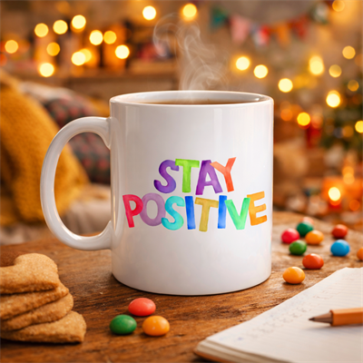 Stay Positive Baskılı Porselen Kupa MODEL 158 – Renkli Motivasyon Yazılı Kahve Kupası – Pozitif Mesajlı Hediye Kupa