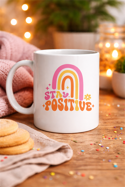 Stay Positive Tasarımlı Porselen Kupa MODEL 144 – Renkli Gökkuşağı Desenli, Motivasyon Veren Kahve & Çay Kupası – Hediyelik Kupa