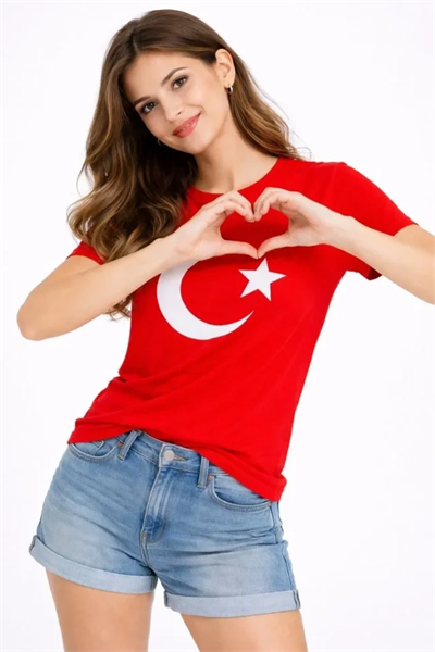 T-Shirt Kısa Kol Bisiklet Yaka Ay Yıldız Bayrak Baskılı Tişört - Kırmızı