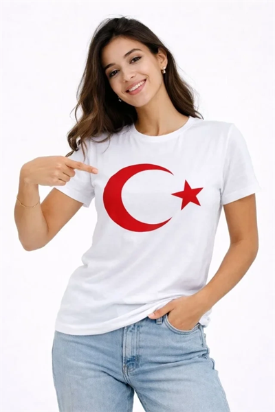 T-Shirt Kısa Kol Bisiklet Yaka Ay Yıldız Bayrak Baskılı Tişört - Beyaz