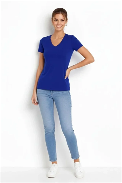 T-Shirt V Yaka Slim Fit Likralı Tişört Günlük Basic Body - İndigo