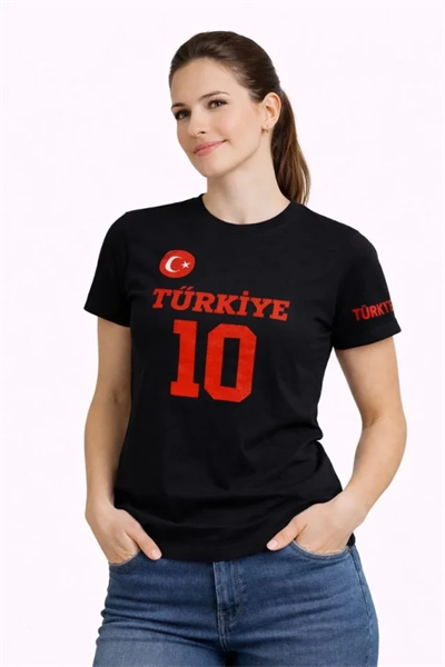 TÜRKİYE Ay Yıldız Baskılı 10 Numara Forma Tişört Taraftar T-Shirt - Siyah