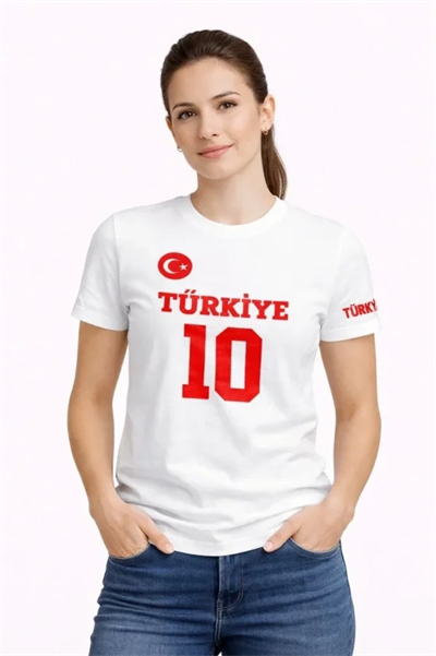 TÜRKİYE Ay Yıldız Baskılı 10 Numara Forma Tişört Taraftar T-Shirt - Beyaz