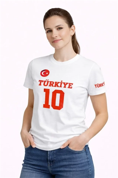 TÜRKİYE Ay Yıldız Baskılı 10 Numara Forma Tişört Taraftar T-Shirt - Beyaz