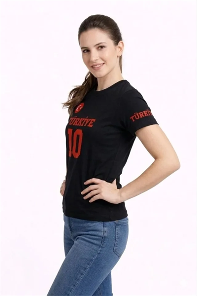 TÜRKİYE Ay Yıldız Baskılı 10 Numara Forma Tişört Taraftar T-Shirt - Siyah