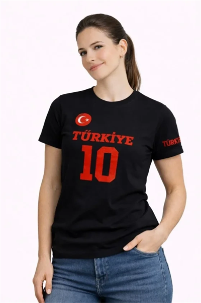 TÜRKİYE Ay Yıldız Baskılı 10 Numara Forma Tişört Taraftar T-Shirt - Siyah