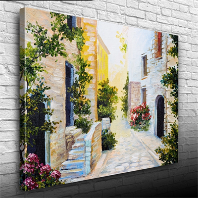 Taş Evler Ve Çiçekli Yol Yağlıboya Kanvas Tablo 50 x 70