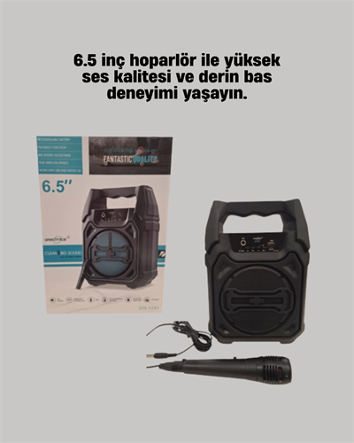 Taşınabilir 6.5” Bluetooth Hoparlör USB TF Kart Mikrofonlu Şarjlı Sistem