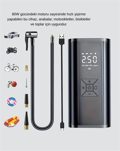 Taşınabilir 80W Kablosuz Lastik Şişirme Pompası Dijital Ekranlı