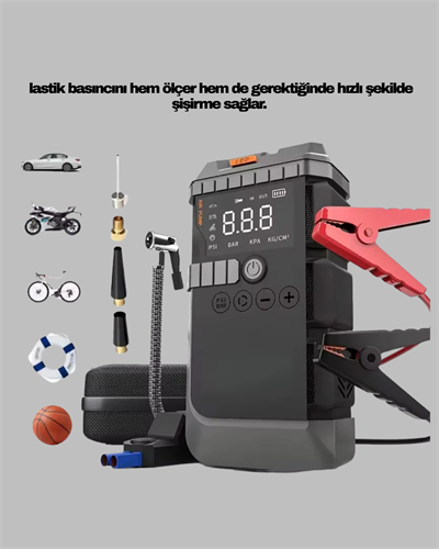 Taşınabilir Akü Takviye Cihazı Işıklı Hava Kompresörü Powerbank