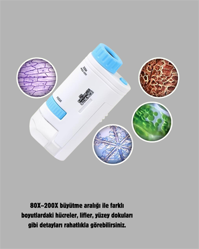 Taşınabilir Mini Mikroskop LED Işıklı 80X–200X Büyütmeli ve Odak Ayarlı