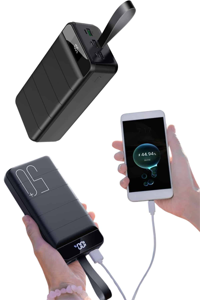 Taşınabilir Powerbank 50.000 mAh 4 Girişli Hızlı Şarj Led Göstergeli Fenerli Şarj