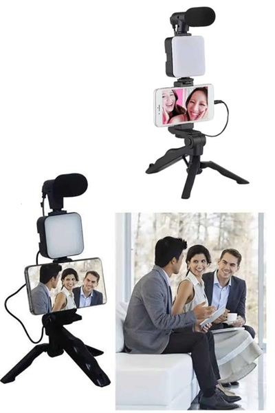 Telefon Tutucu Led Işıklı Kumandalı Mikrofon Telefon Vlog Video Kayıt
